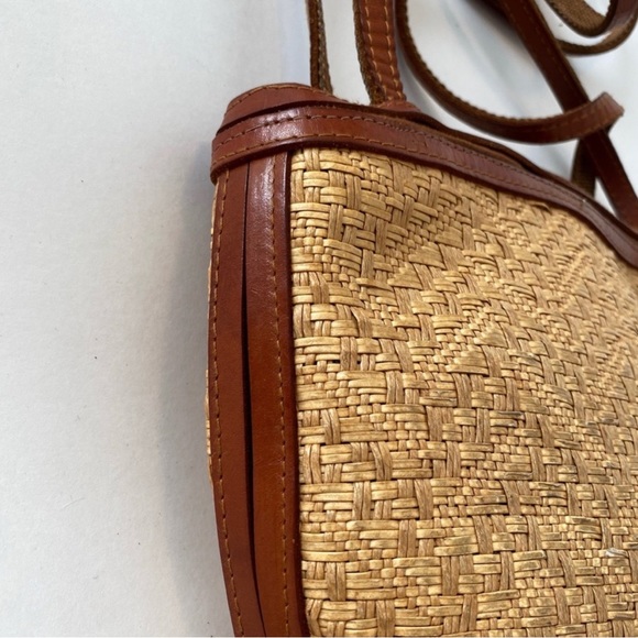 Vintage 80s Woven Straw Leather Trimmed Shoulderbag Brown Tan Double Straps - Picture 12 of 15